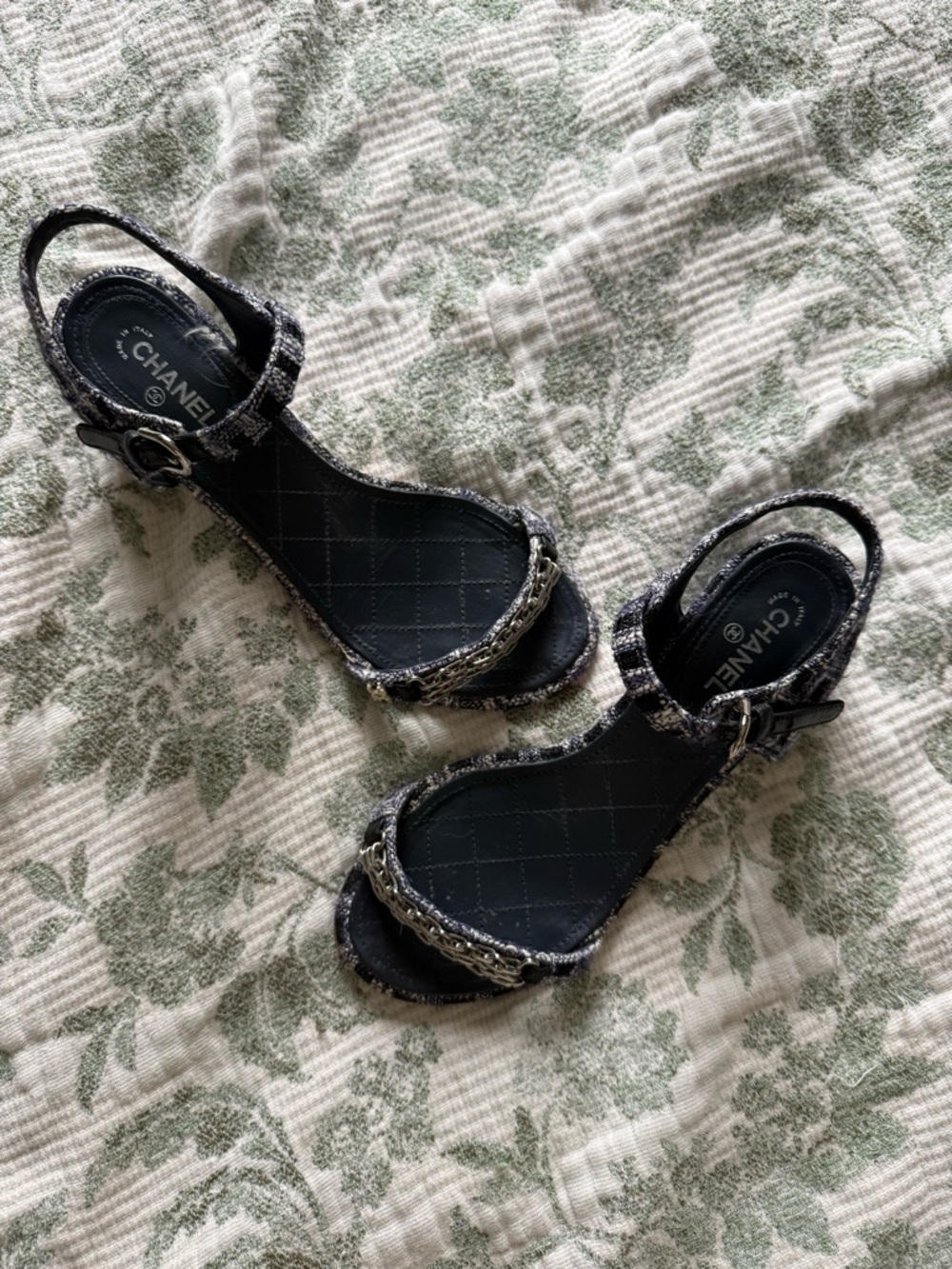 CHANEL Tweed Navy Heeled Sandals with Chain Trim